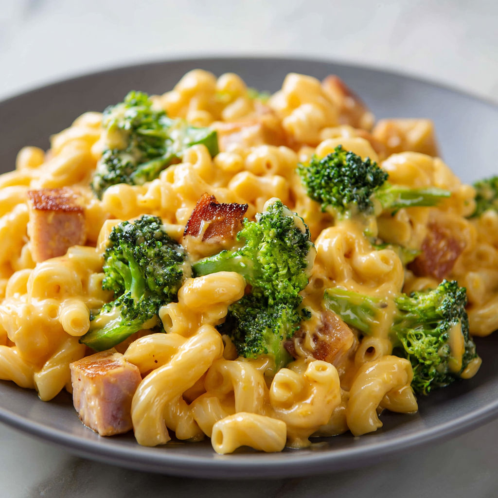 Assiette de macaronis, brocolis, champignons et lardons.