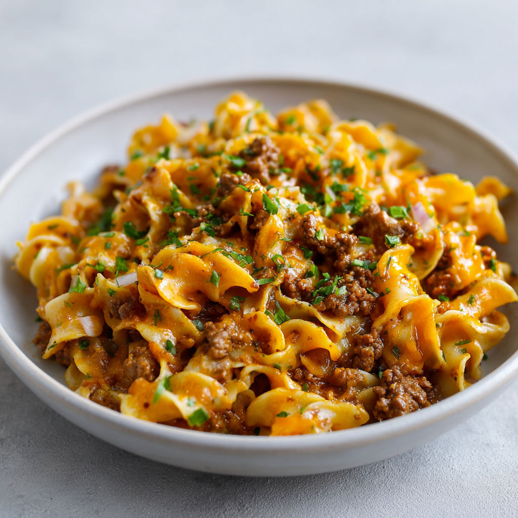 Un plat de nouilles savoureuses au boeuf, parfumé aux herbes et servi sur une nappe.