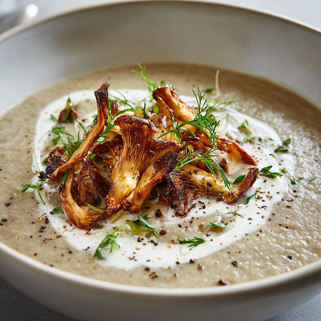 Un bol rempli d’une soupe crémeuse aux champignons.