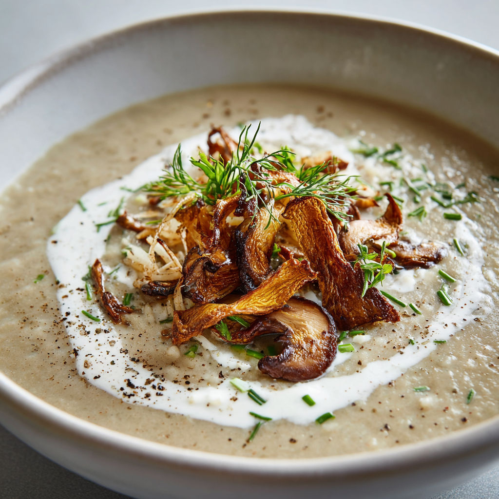 Une soupe crémeuse aux champignons et légumes, avec herbes fraîches et croûtons de pommes de terre, servie dans un bol rustique.