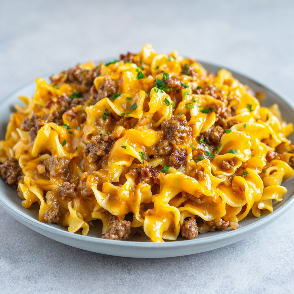 Macaronis nappés de sauce cheddar, servis sur un plateau.
