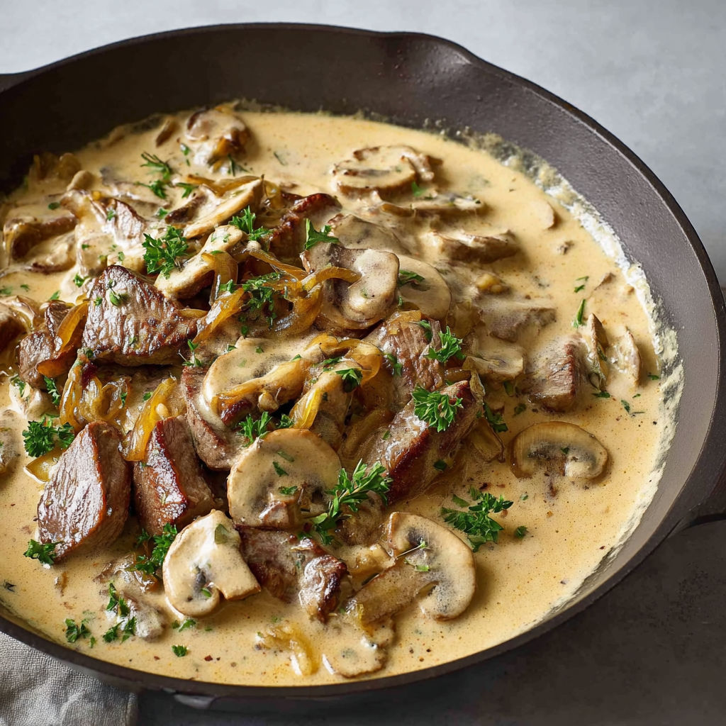Plat de boeuf Stroganoff inspiré par Alain Ducasse, garni de champignons et de persil.