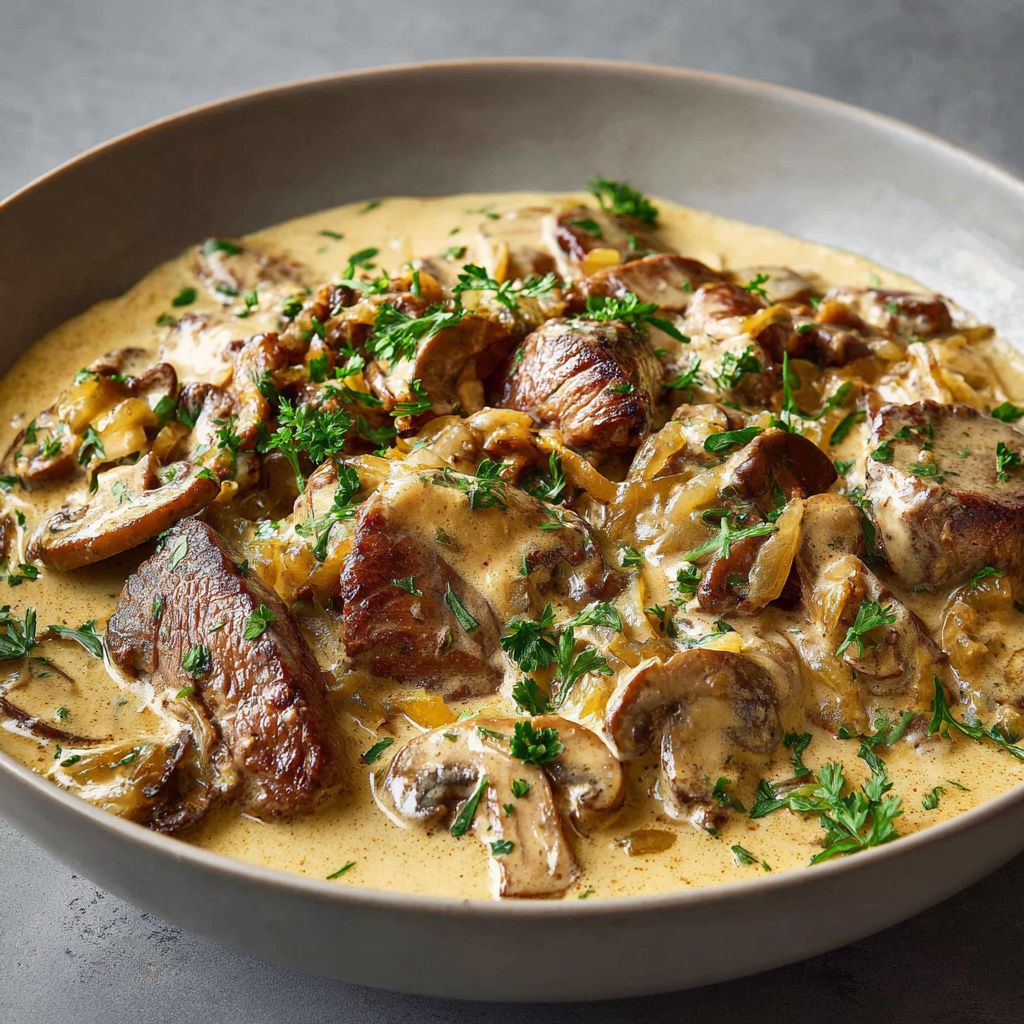 Un Bœuf Stroganoff façon Ducasse, garni de champignons et d’herbes, servi dans un bol.