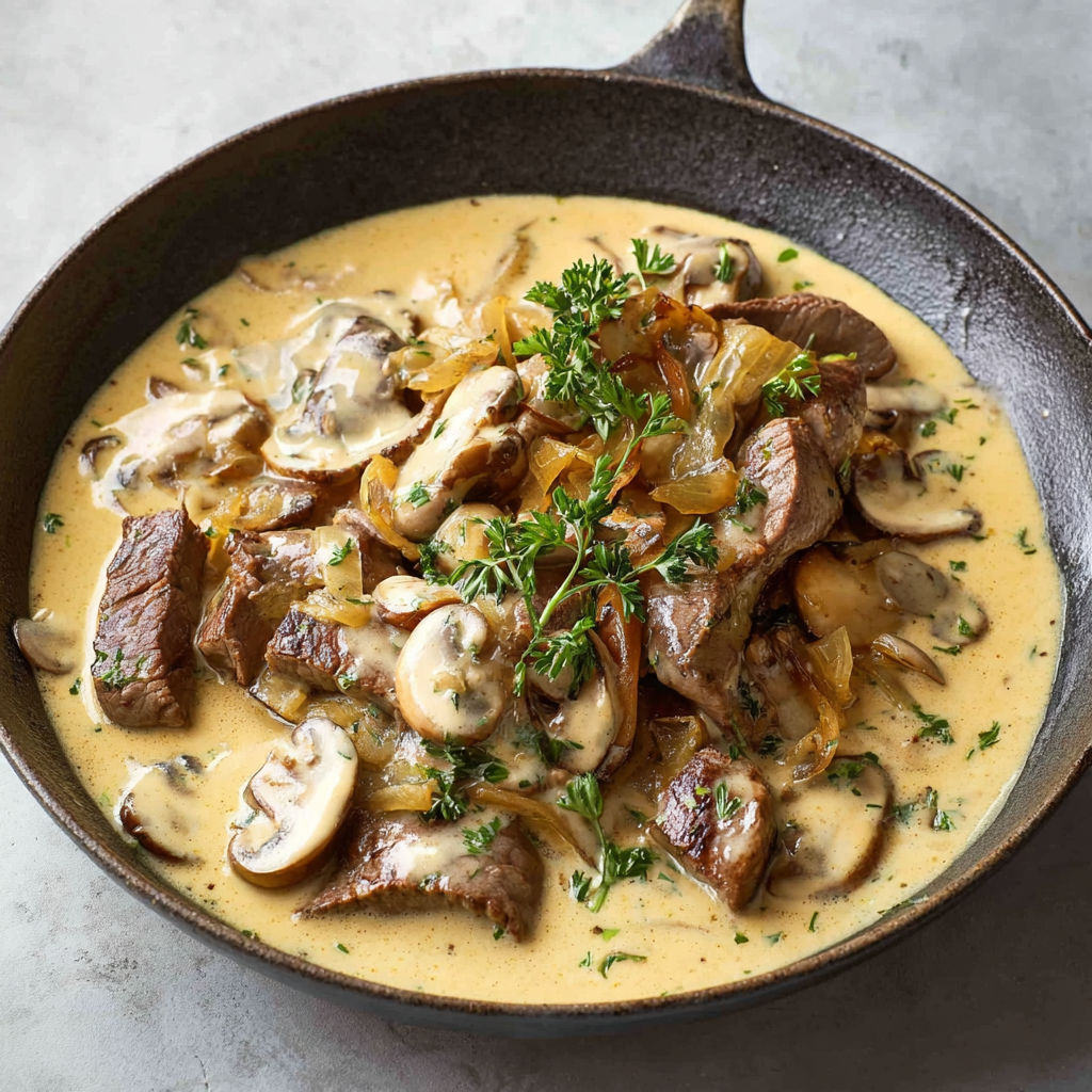 Une jolie assiette de Bœuf Stroganoff façon Ducasse, servie dans un bol en fonte.