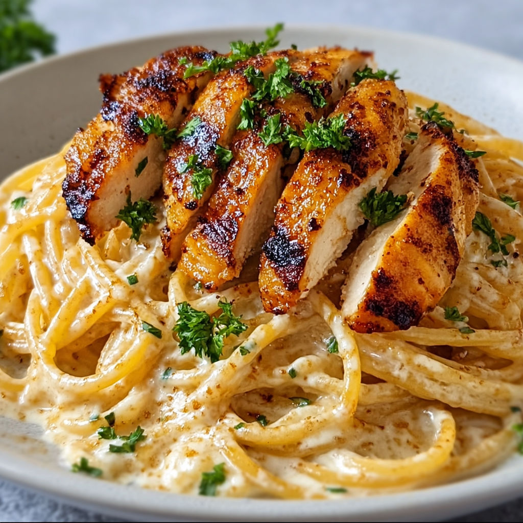 Bol de Poulet Grillé accompagné de Spaghetti Crémeux et d'herbes fraîches.