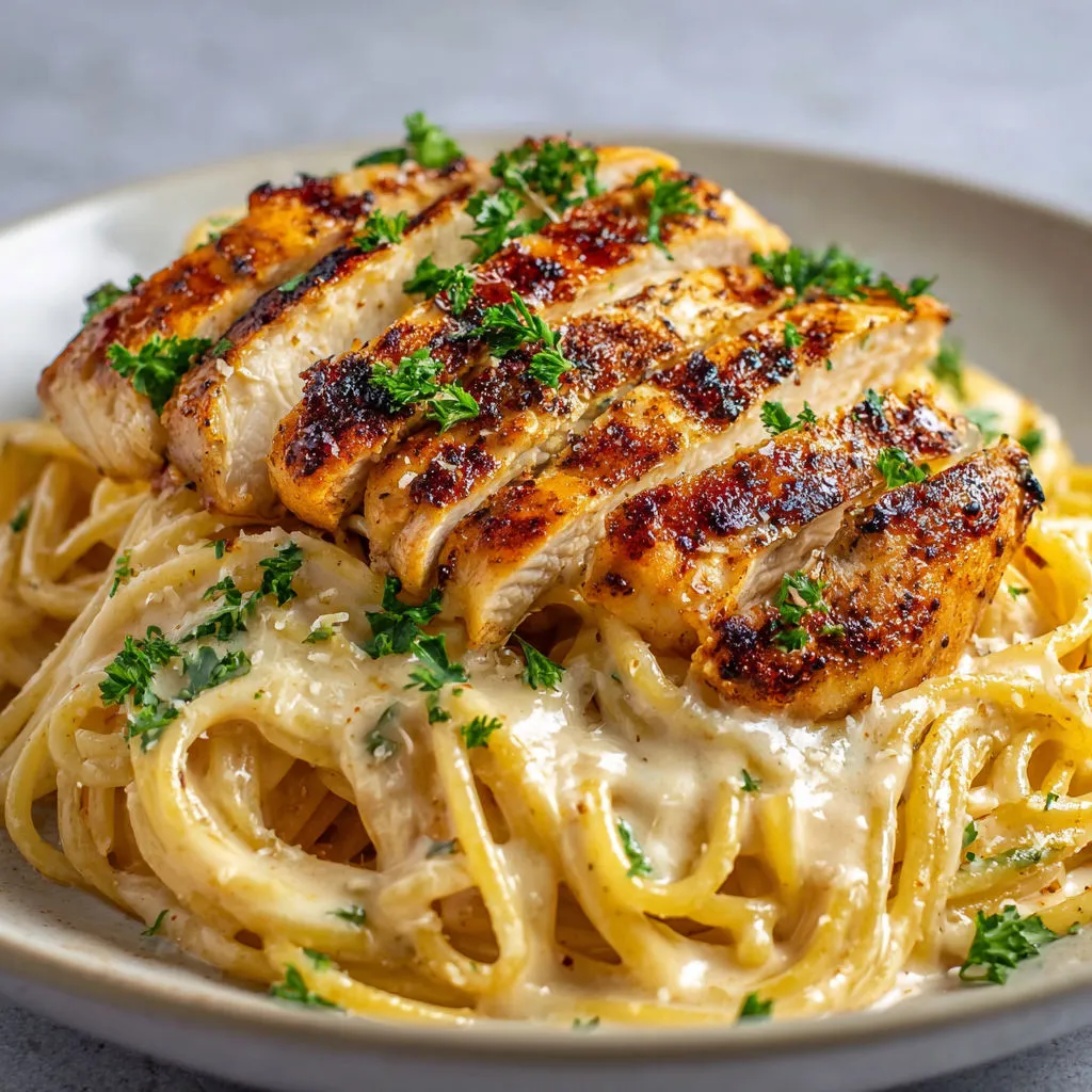 Une belle assiette de spaghetti crémeux et poulet grillé, décorée d’herbes fraîches et de légumes, est posée sur un plateau.