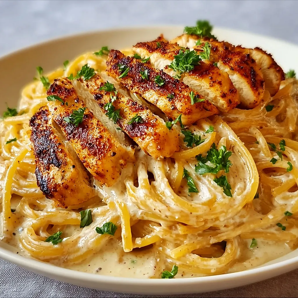 Une assiette de spaghetti onctueux au poulet grillé sur une table, avec herbes fraîches et légumes.
