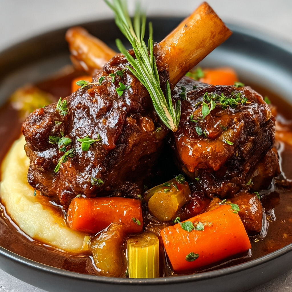 Un plat d'agneau mijoté fondant et aromatisé aux herbes, dans une assiette noire.