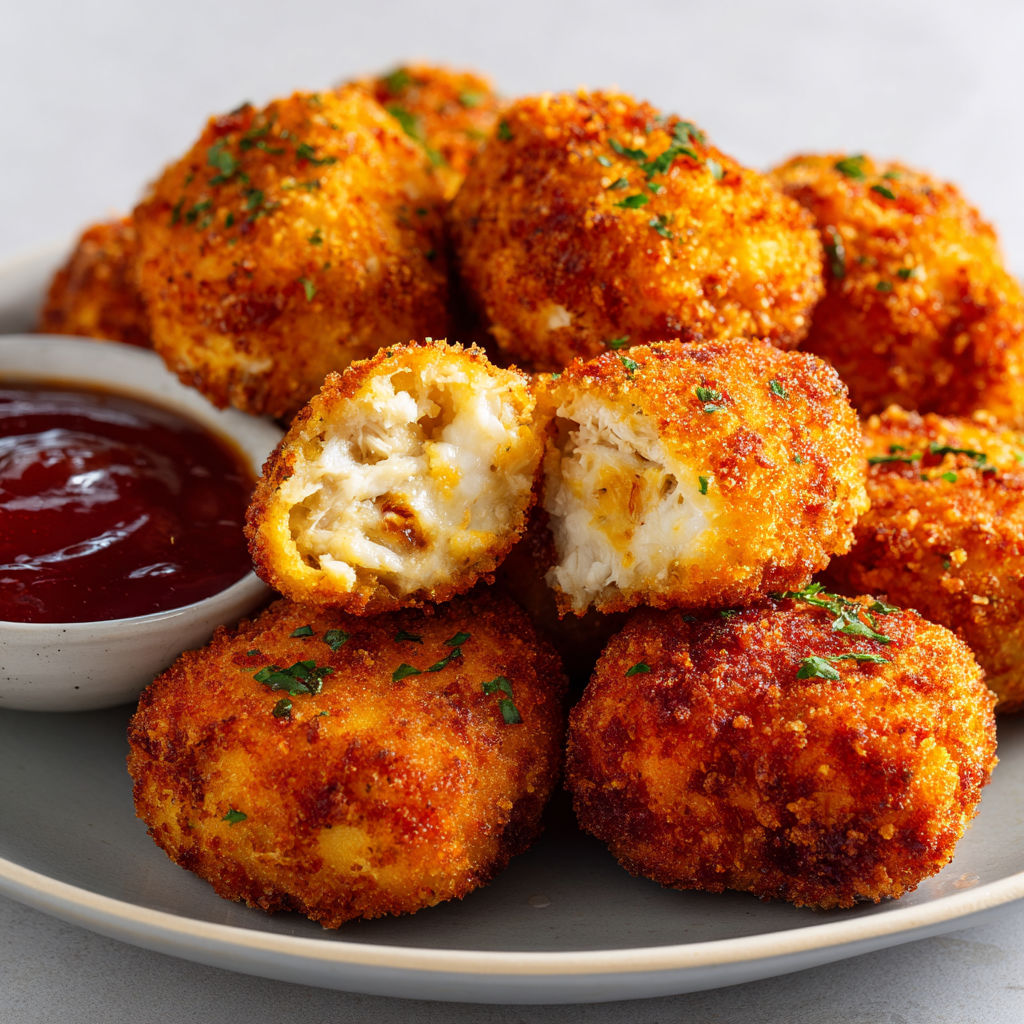 Des croquettes de poulet dorées avec une sauce servies sur une table.
