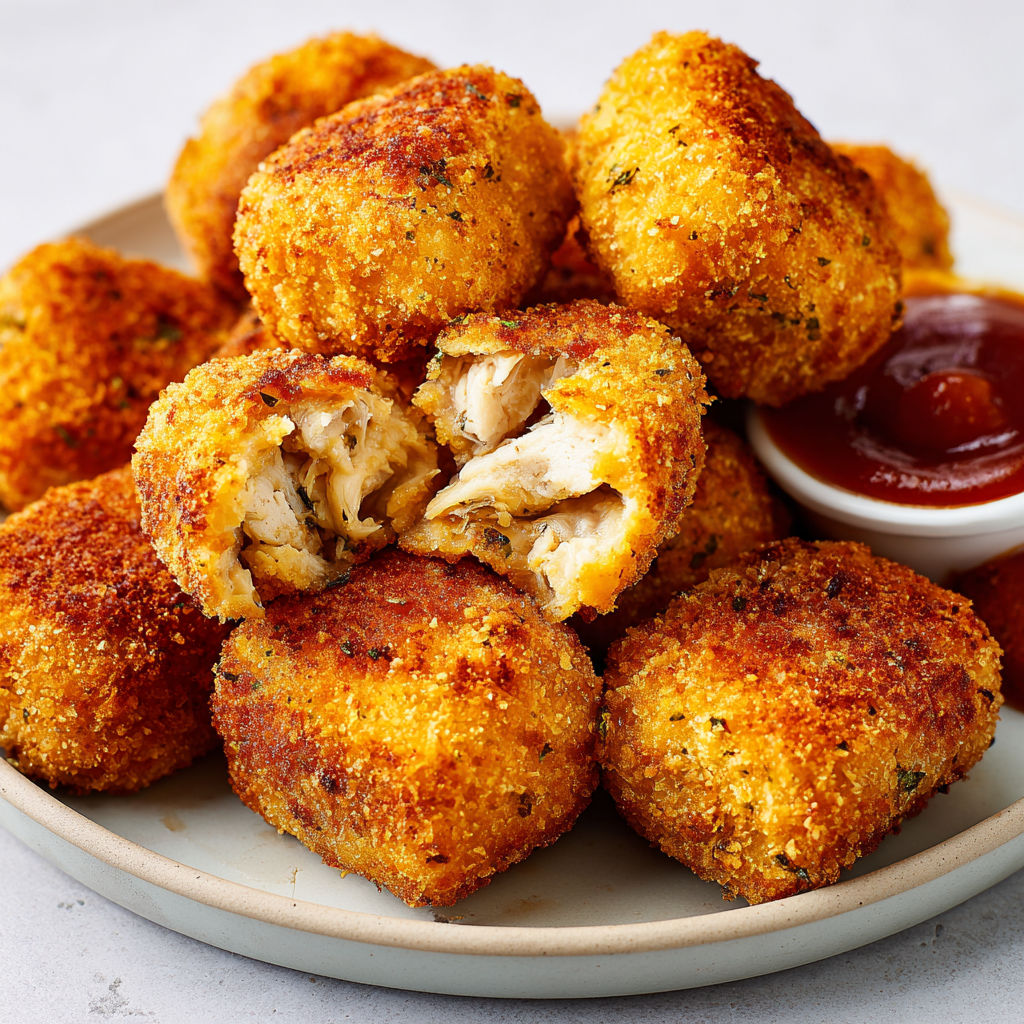Croquettes de poulet avec un peu de ketchup à côté.