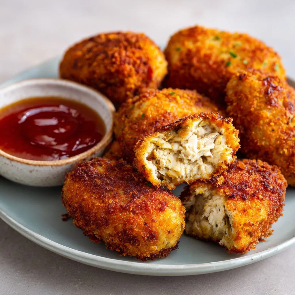 Panure dorée et crousti posée sur un plateau avec une sauce.