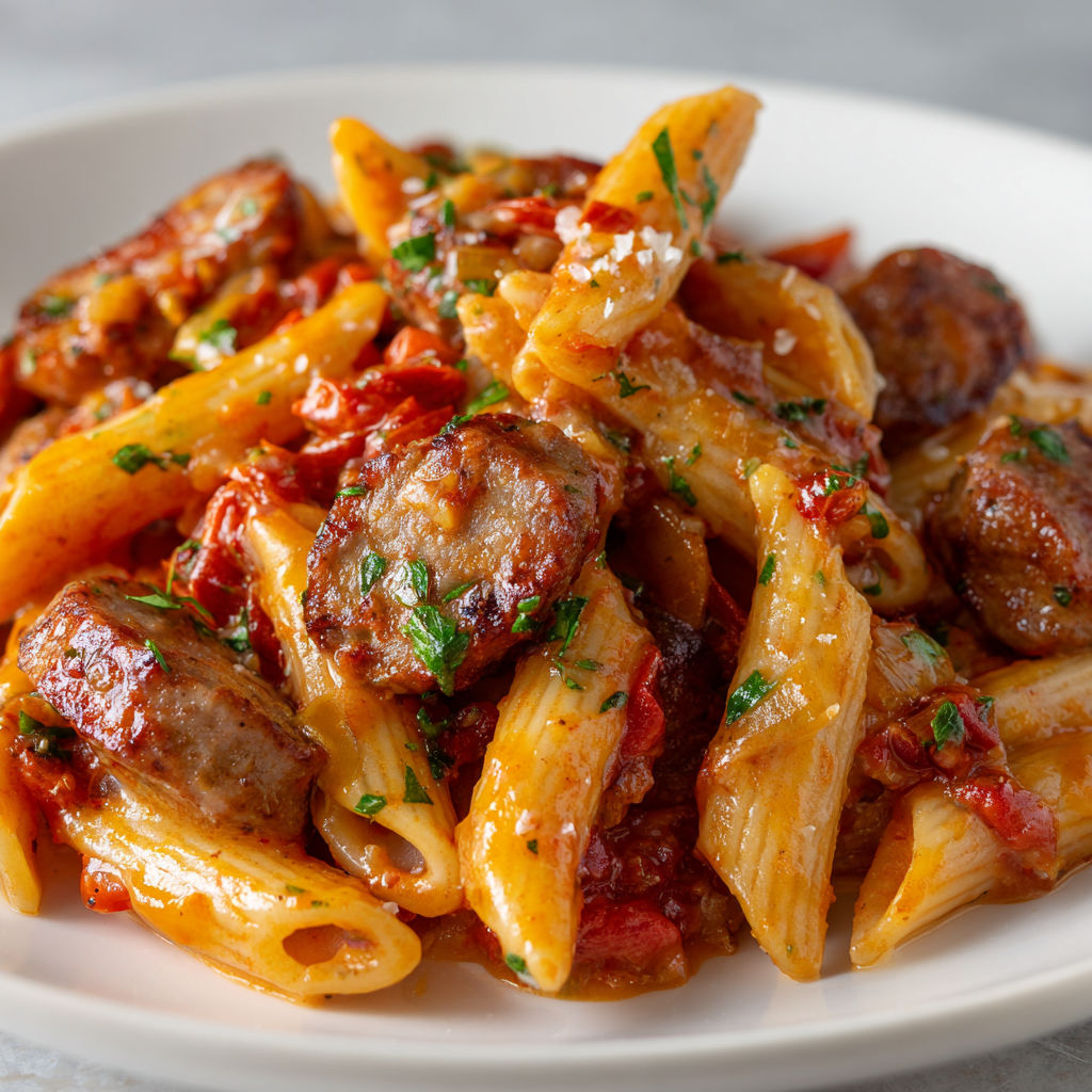 Un plat fumant de pâtes aux saucisses italiennes avec des herbes fraîches et des tomates mûres, parfait pour une soirée gourmande.