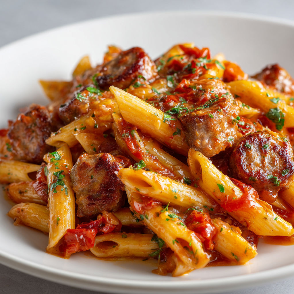 Assiette de pâtes à la viande, servies avec une sauce tomate.