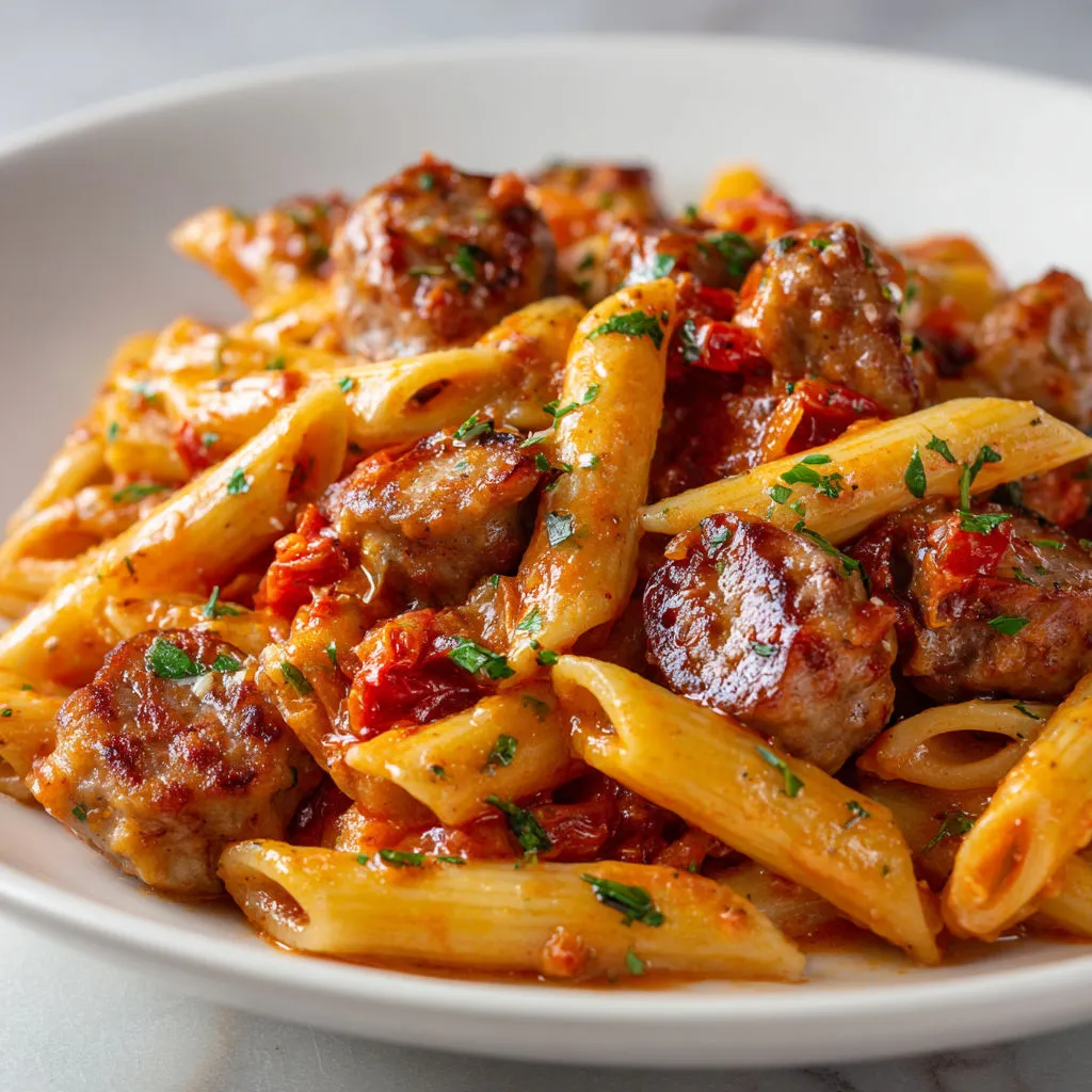 Une assiette de spaghetti nappée de sauce tomate, avec boulettes de viande et herbes fraîches.