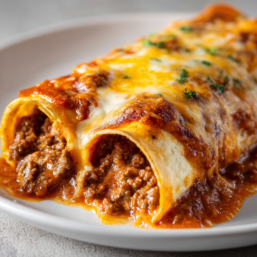 Un délicieux plat de tortillas au boeuf gratinées avec du fromage fondu.