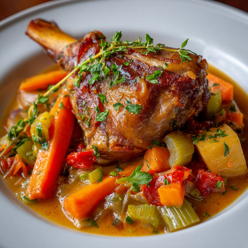 Un délicieux jarret de porc fondant accompagné de légumes colorés en cocotte.