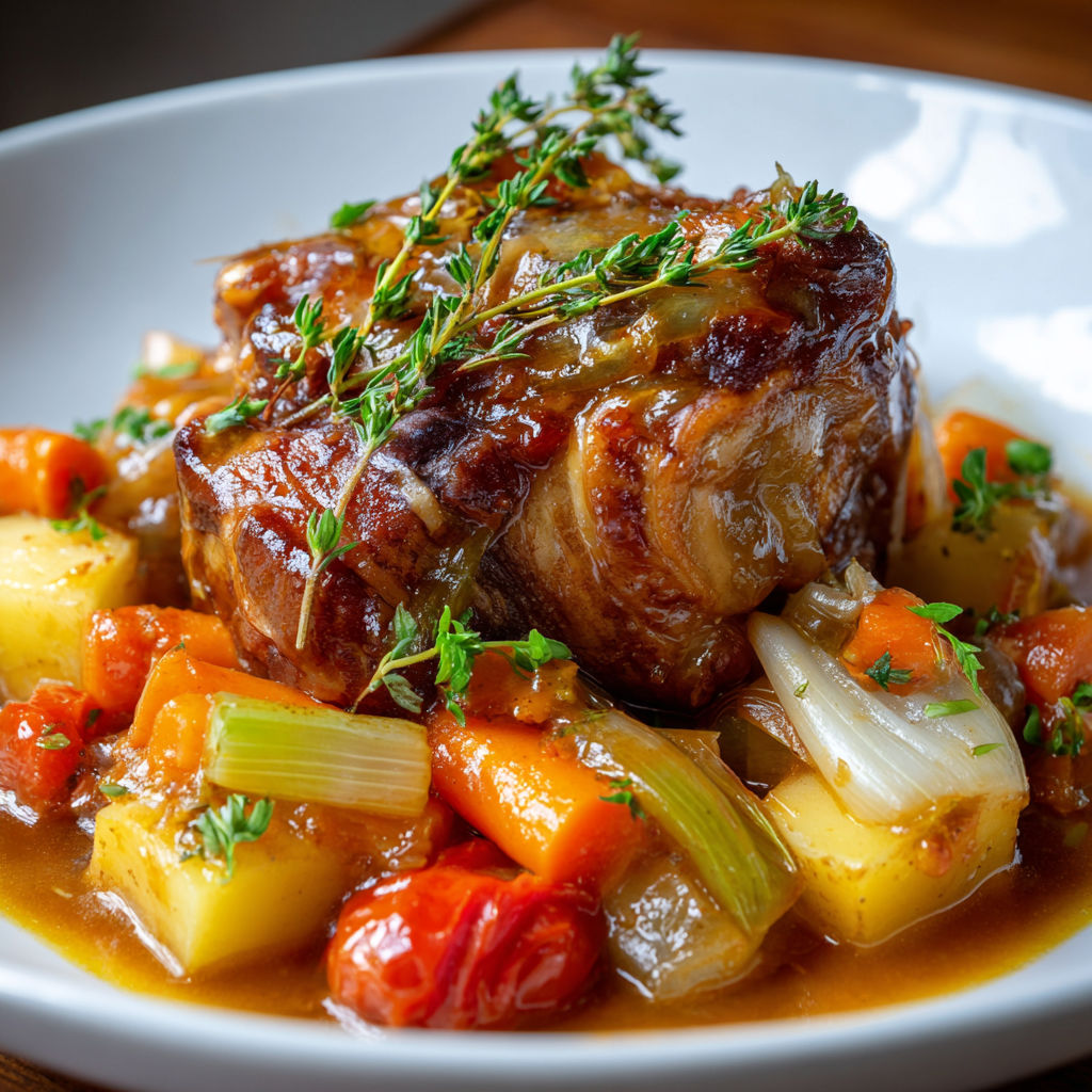 Plat de jarret de porc fondant entouré de légumes dans une cocotte en fonte.