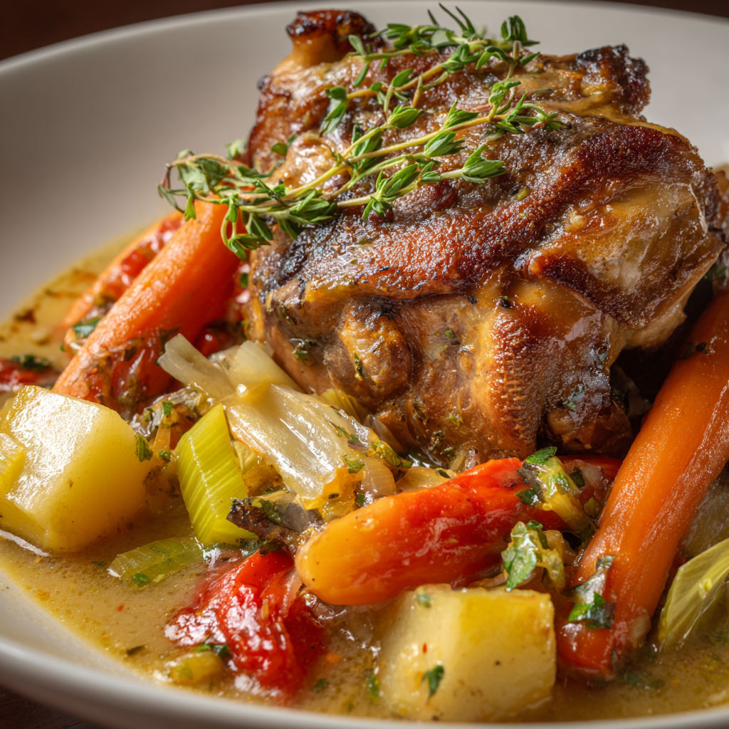 Une cocotte en fonte remplie de légumes et d’un jarret de porc bien doré.