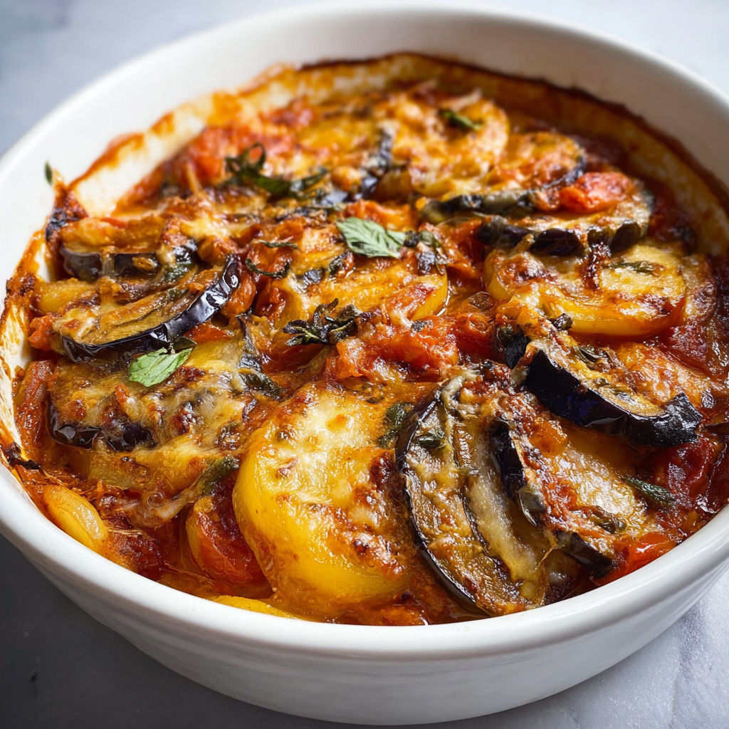 Gratin d'aubergines, de tomates et de pommes de terre dans un plat blanc.