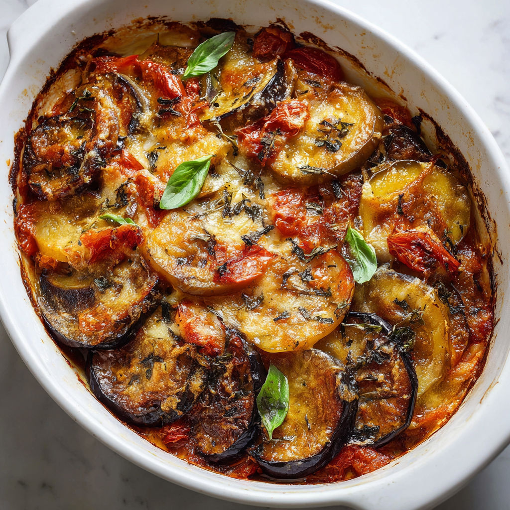 Pizza maison garnie de tomates, aubergines et herbes fraîches.