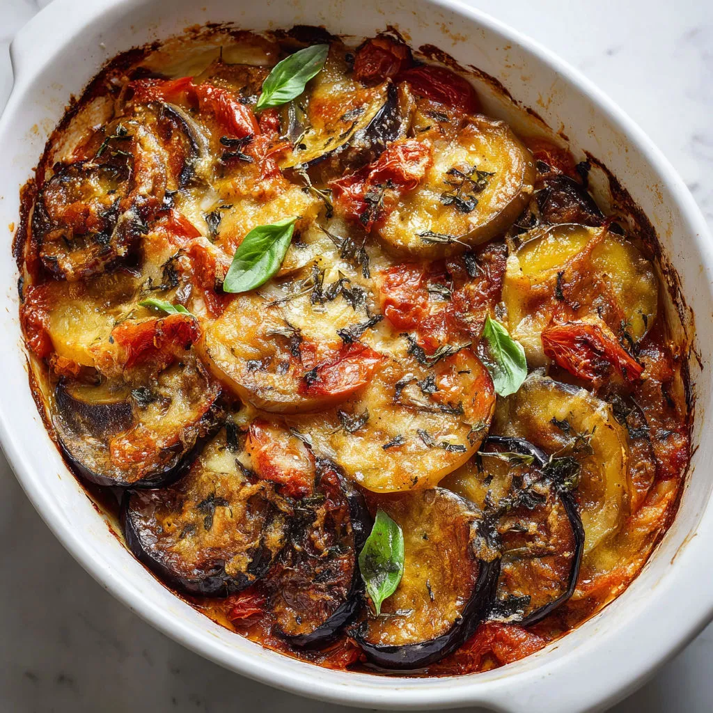 Pizza maison garnie de tomates, aubergines et herbes fraîches.