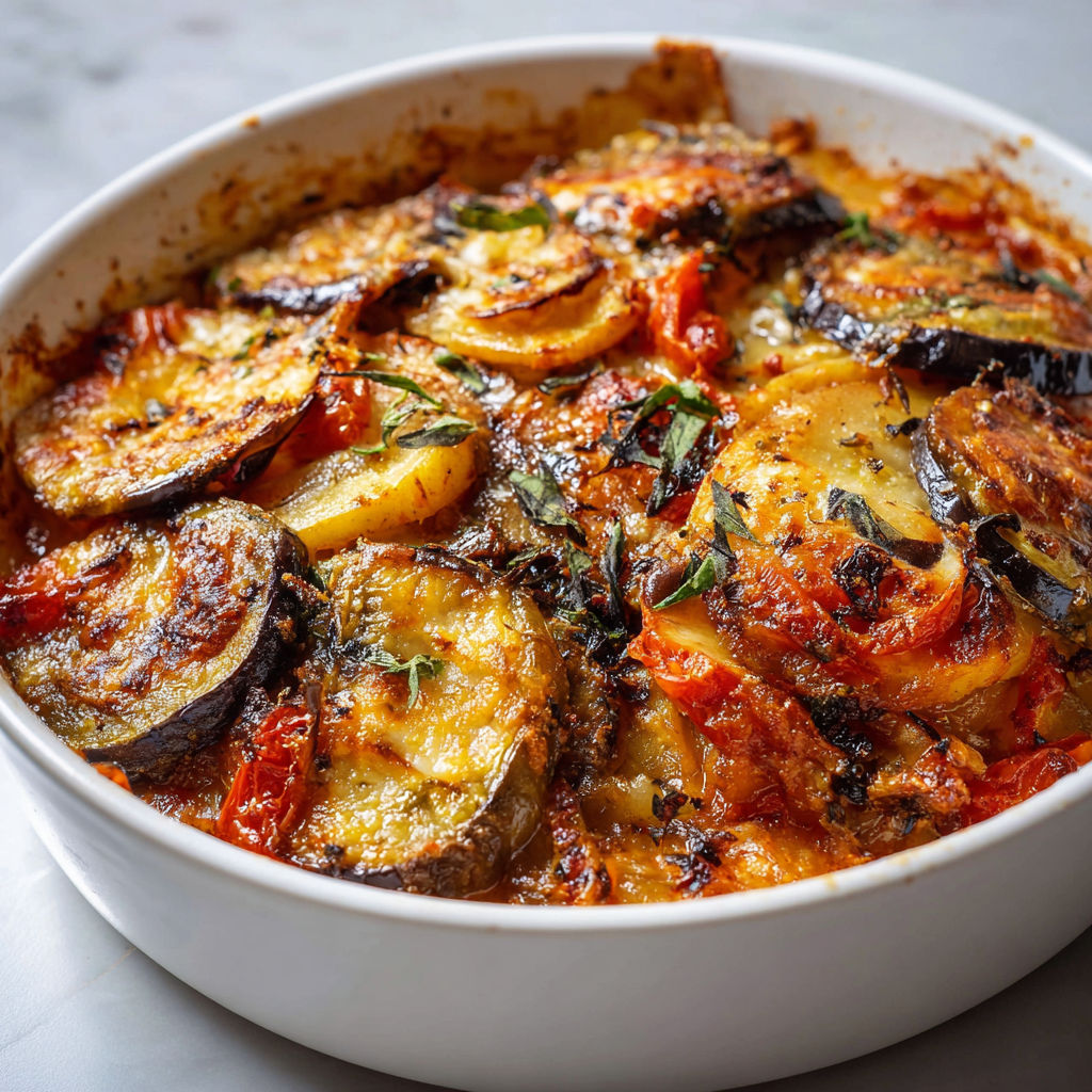 Casserole de légumes et viande avec aubergines, poivrons, courgettes et tomates, servie dans un bol blanc.
