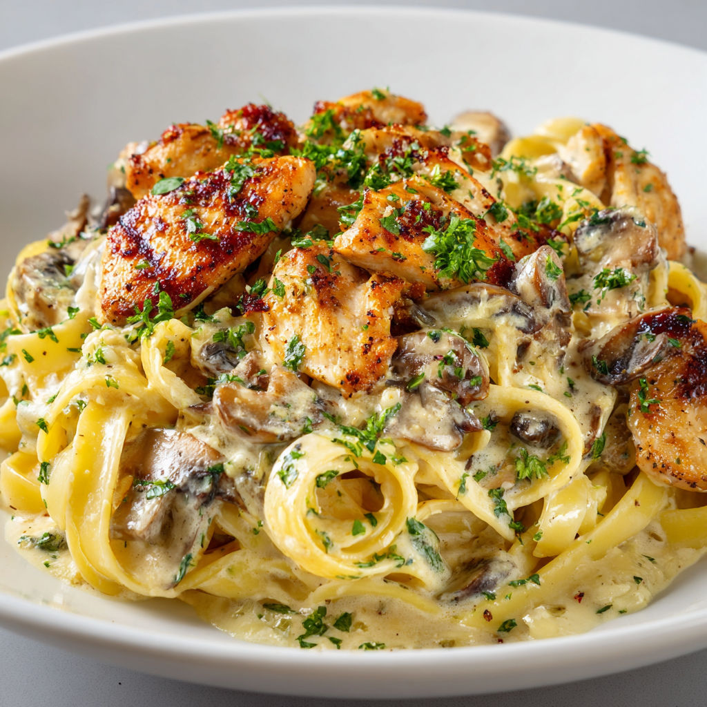 Un délicieux plat de pâtes, poulet juteux et champignons dans une sauce riche et crémeuse, prêt à déguster.