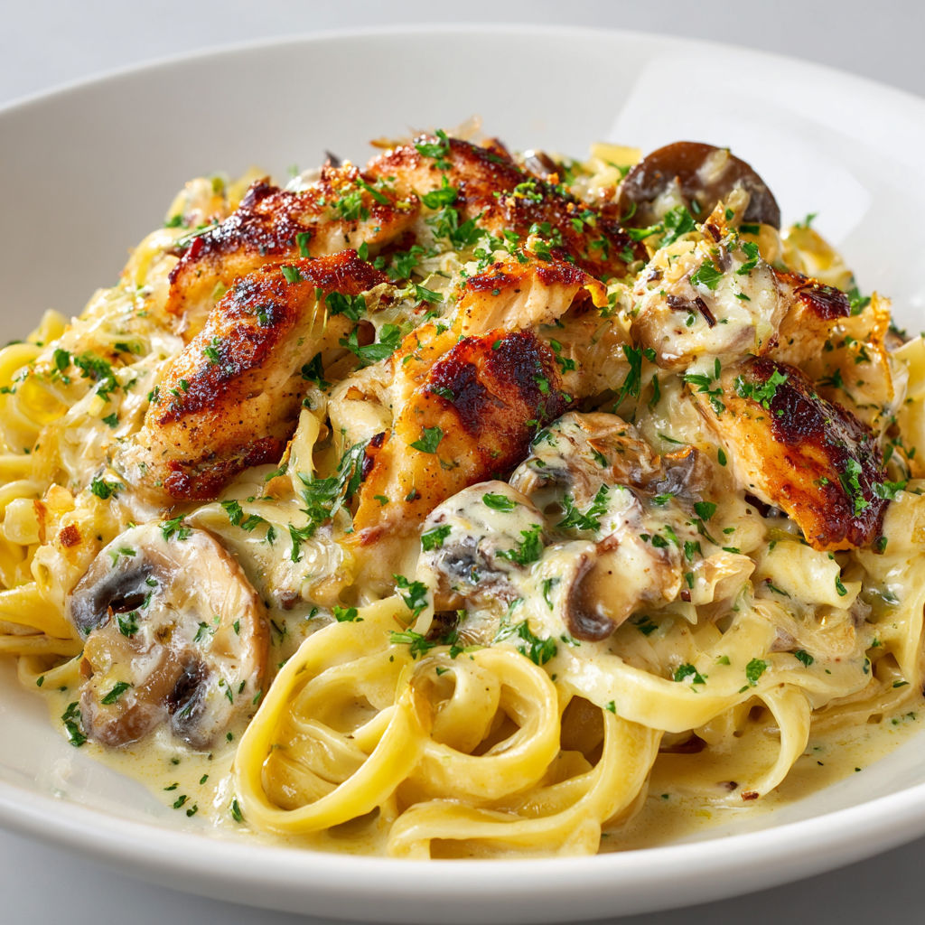 Un plat de pâtes poulet-champignons à la sauce crème.