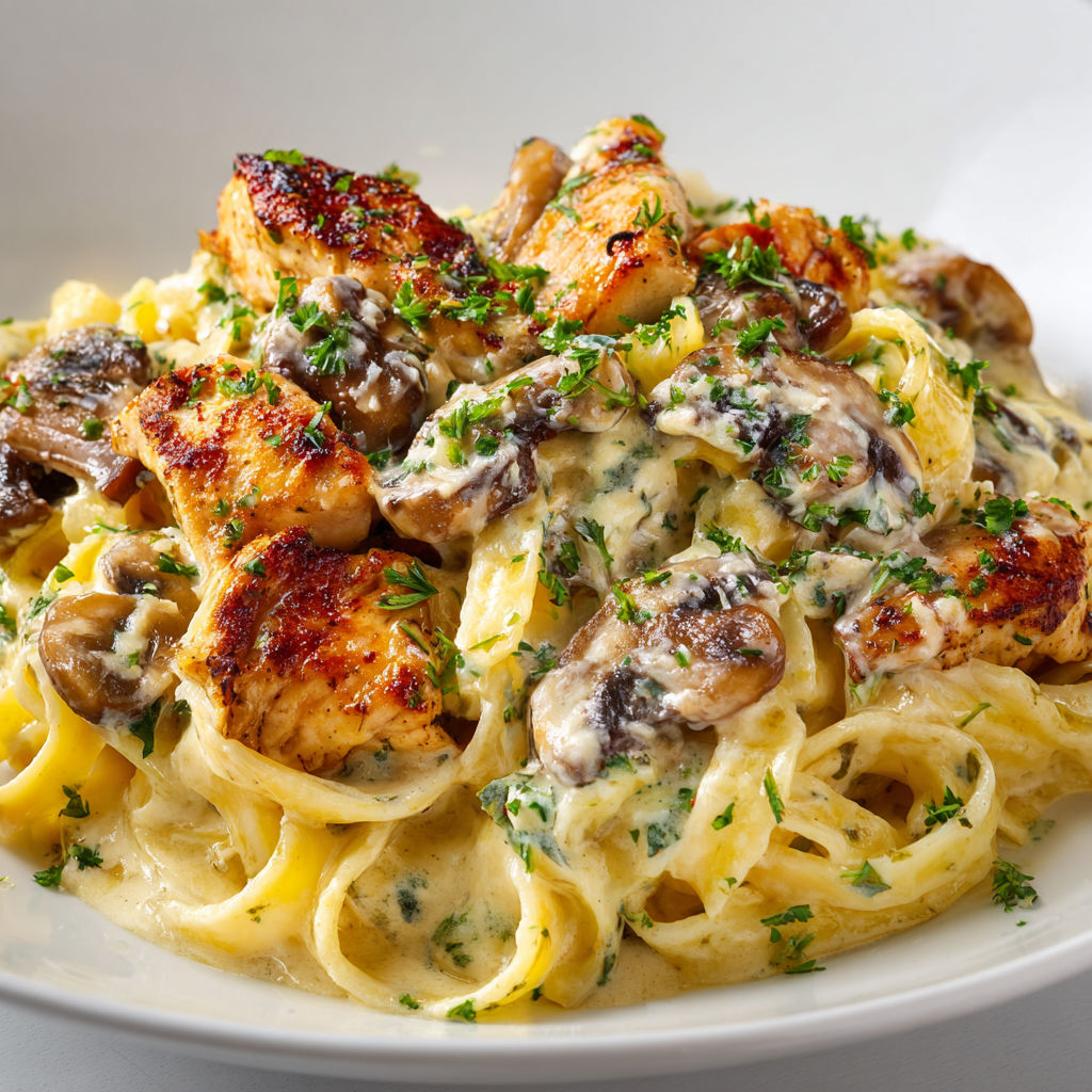 Un plat de pâtes poulet-champignons à la sauce crème.