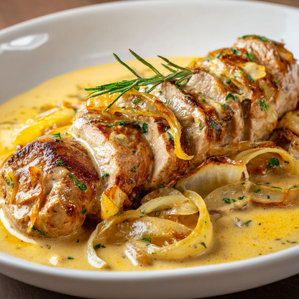 Un plat de viande dorée avec des pommes de terre et des oignons dans une sauce crémeuse au lait.