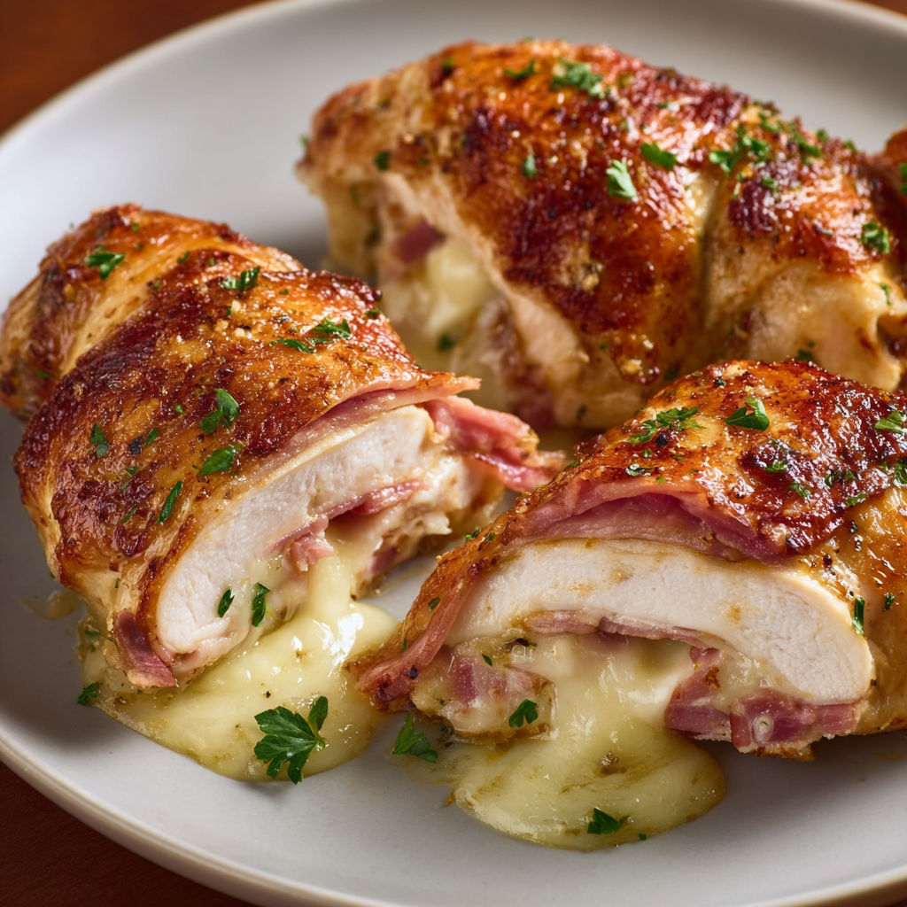 Délicieux roulés de poulet farcis au fromage et jambon, servis élégamment.