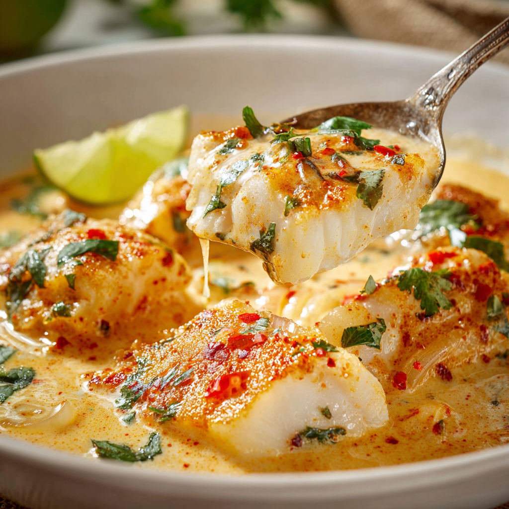 Un plat de cabillaud au lait de coco prêt en 15 minutes, avec une cuillère qui sert la sauce onctueuse.