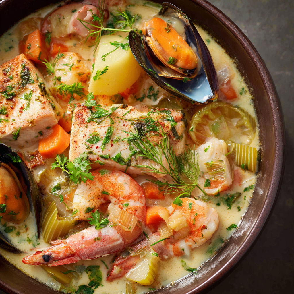 Bol rempli de poissons, moules et légumes dans un bouillon chaud.