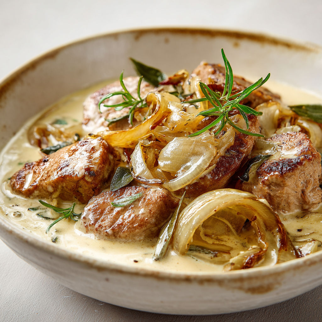 Filet mignon de porc nappé à la sauce d'oignons caramélisés et décoré de fines herbes fraîches.