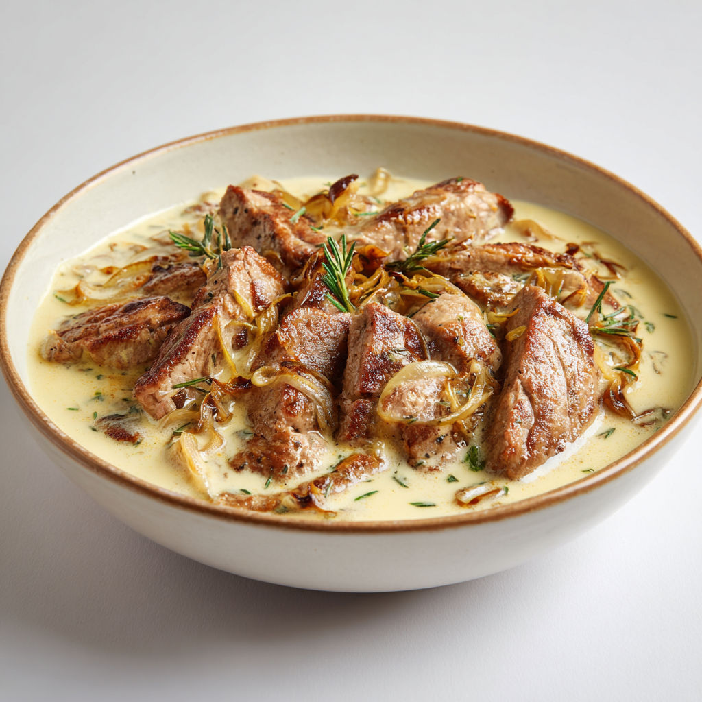 Viande servie avec légumes, herbes et sauce.