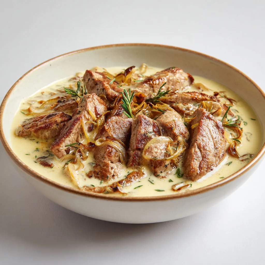 Viande servie avec légumes, herbes et sauce.