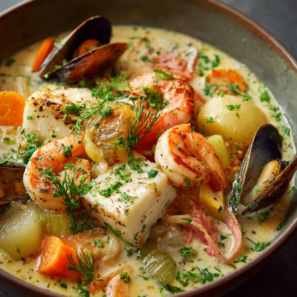 Bouillabaisse avec moules, carottes, oignons et herbes fraîches.