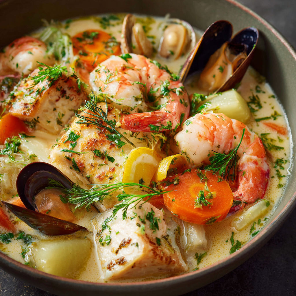 Bouillabaisse généreuse avec moules, carottes, tomates, épinards et herbes fraîches.