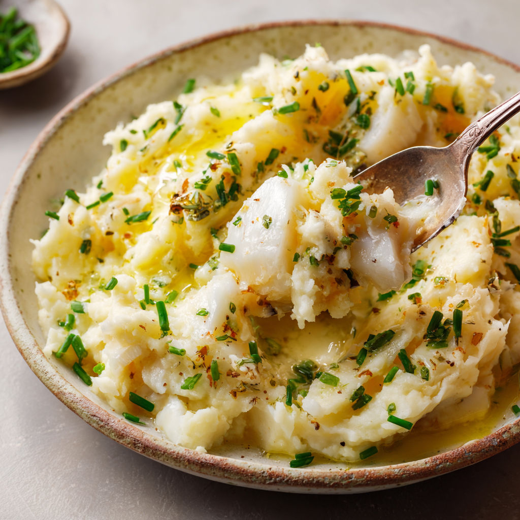 Un gratin de cabillaud avec des herbes, une fourchette prend une part.