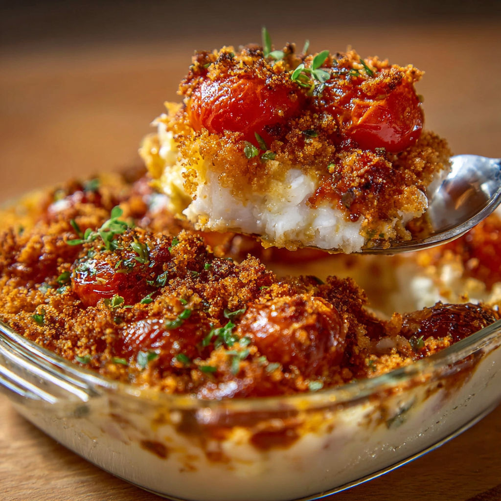 Une assiette généreuse de crumble de cabillaud avec tomates et herbes fraîches sur une table.