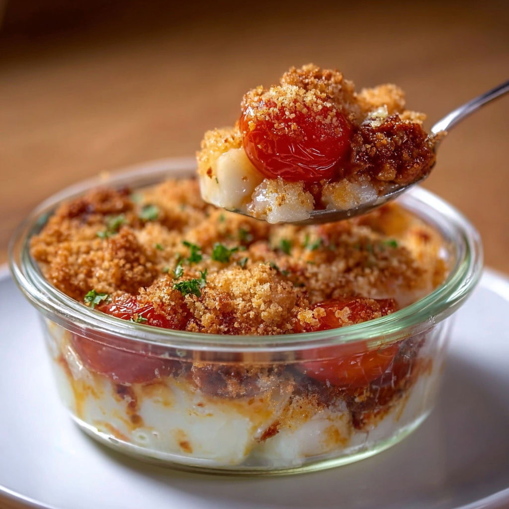 Une assiette de crumbles salés à la tomate et au fromage, une fourchette en main pour se servir.