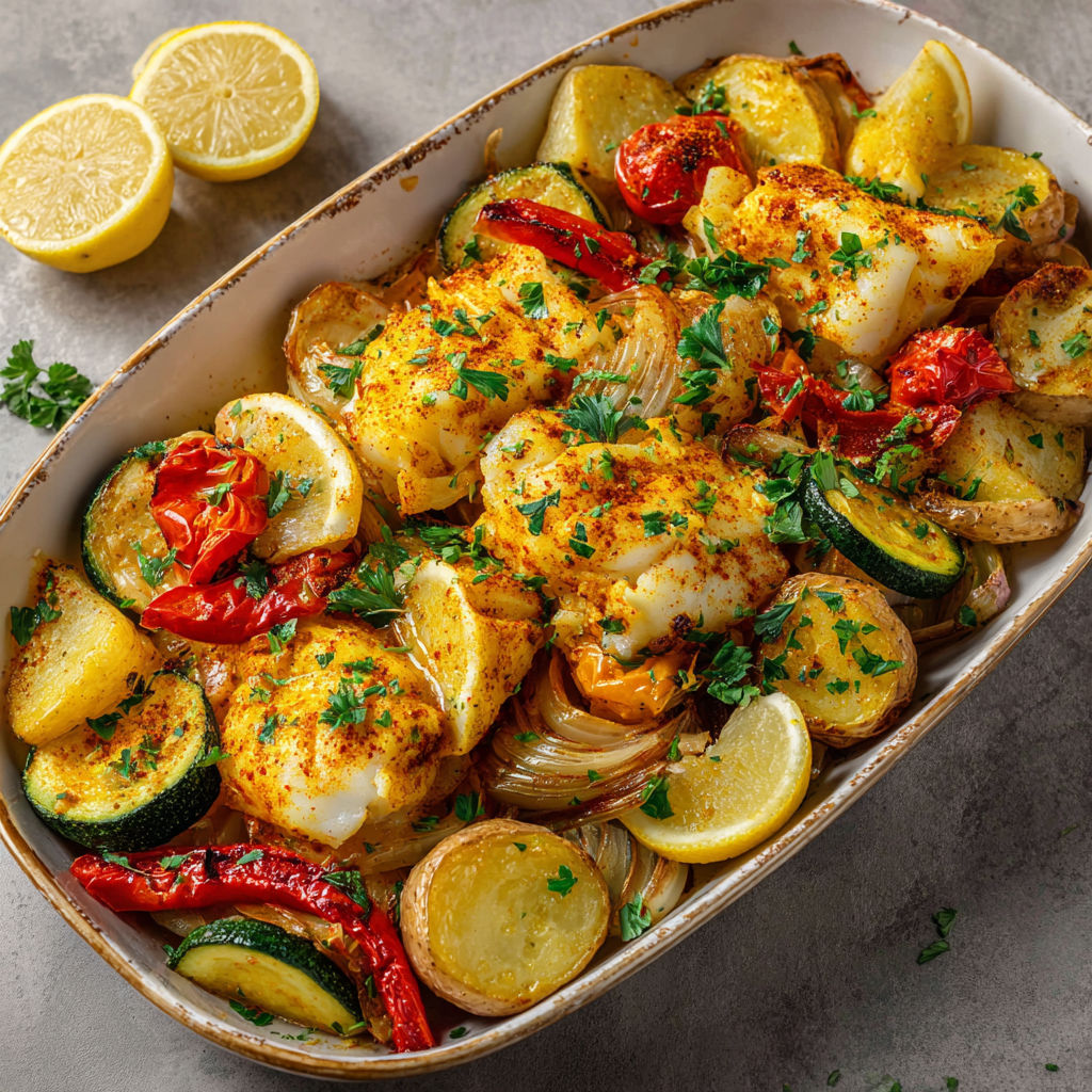 Poisson et légumes dorés servis dans un bol appétissant.