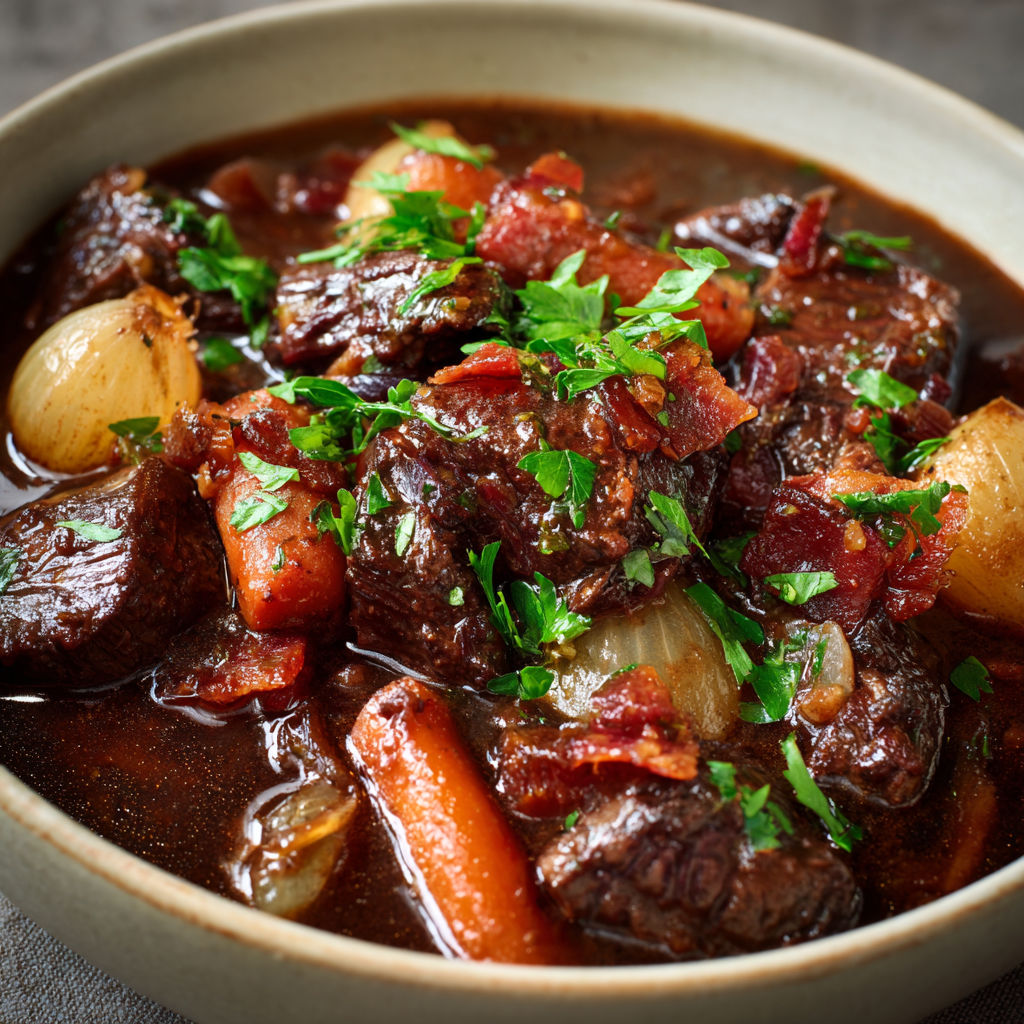 Un plat de bœuf en sauce avec des carottes et des herbes fraîches.