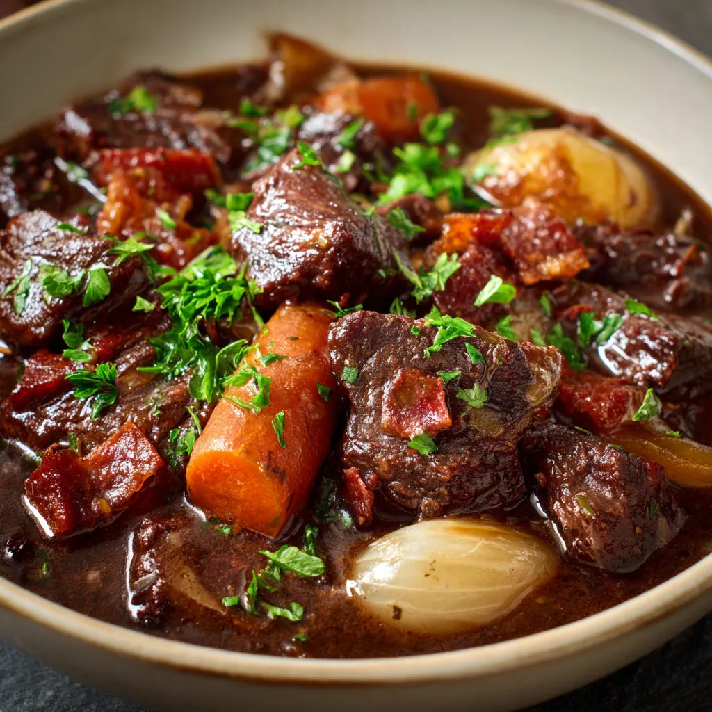 Plat mijoté de bœuf avec carottes et herbes fraîches.