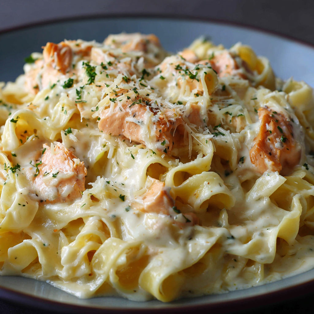Une assiette gourmande de tagliatelles au saumon.