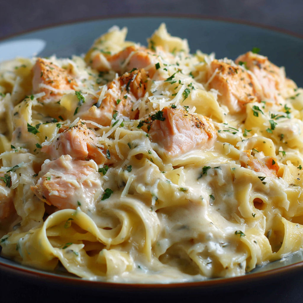 Des spaghettis avec des morceaux de poisson et un peu d’herbes fraîches.