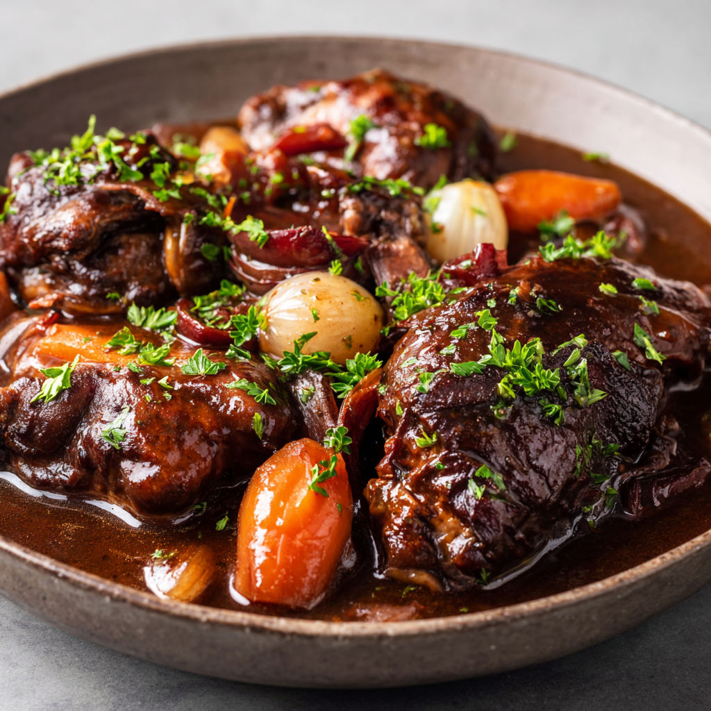 Un plat de viande mijotée dans une sauce aux carottes et aux lardons, servi dans un bol métallique.