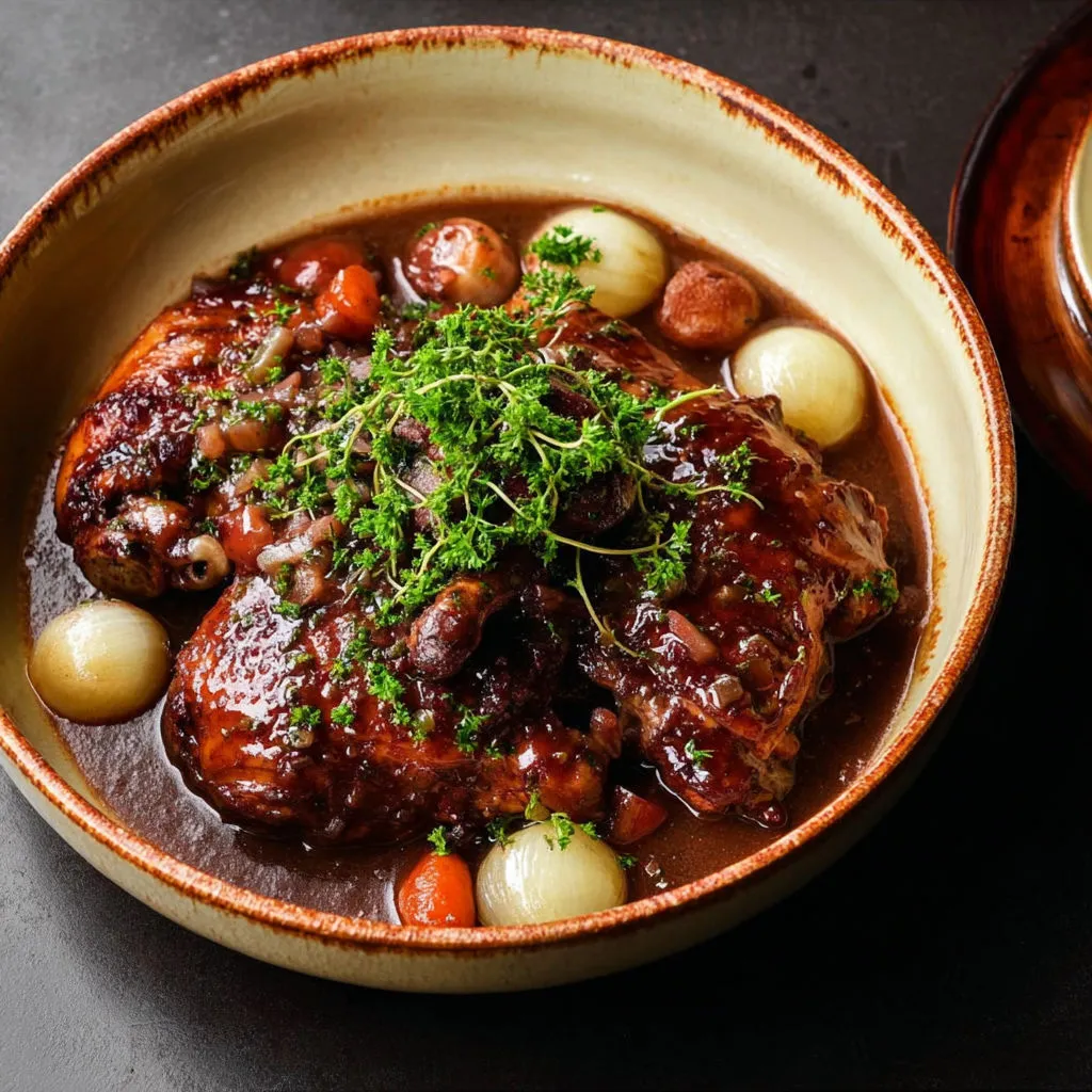 Un plat mijoté de viande, accompagné de légumes et de pommes de terre, dans un bol en terre cuite.