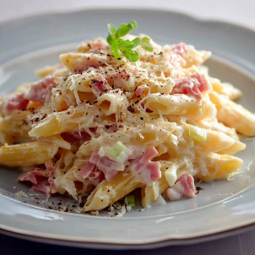 Une belle assiette de pâtes crémeuses au jambon avec une sauce appétissante.