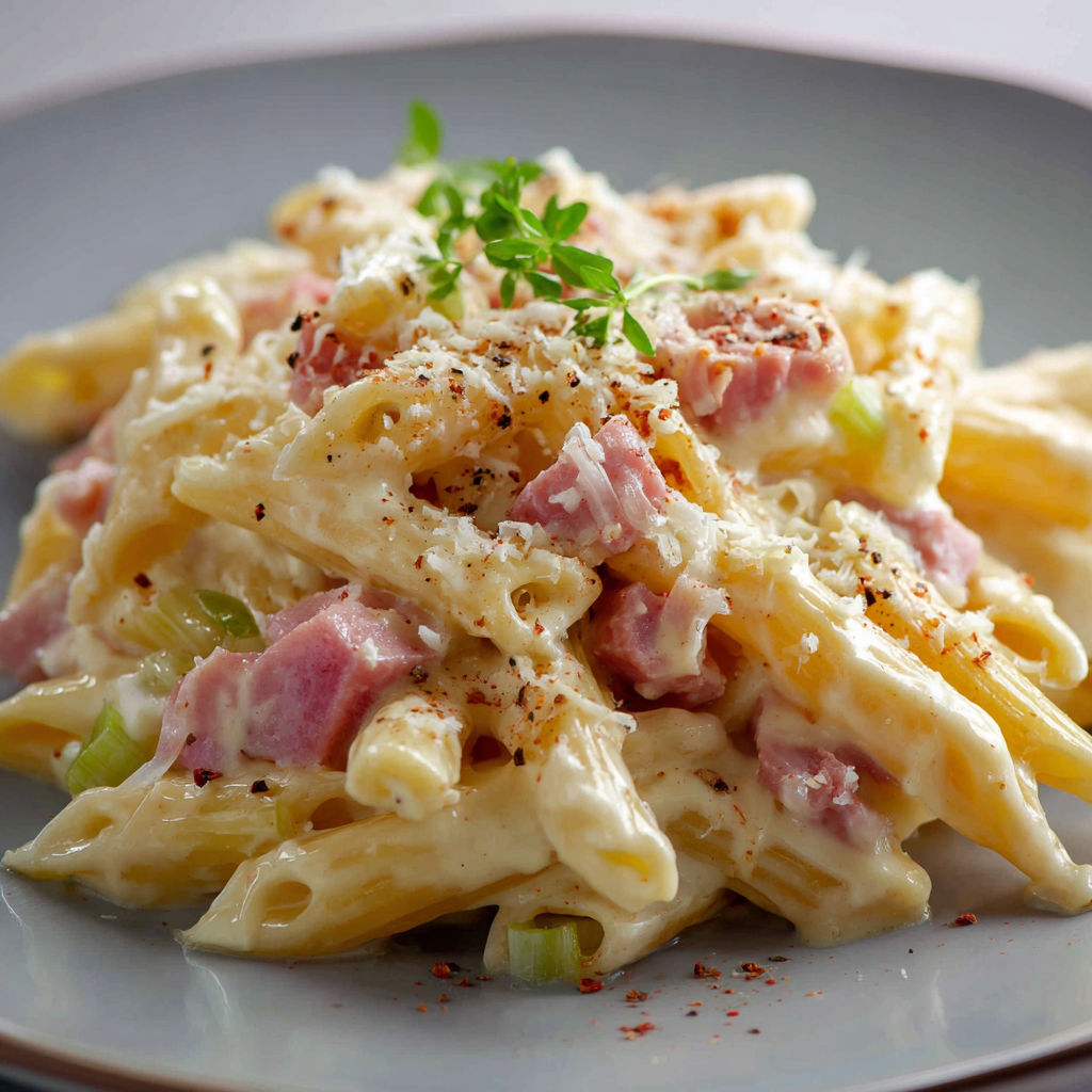 Un plat de macaronis au jambon avec des herbes fraîches.